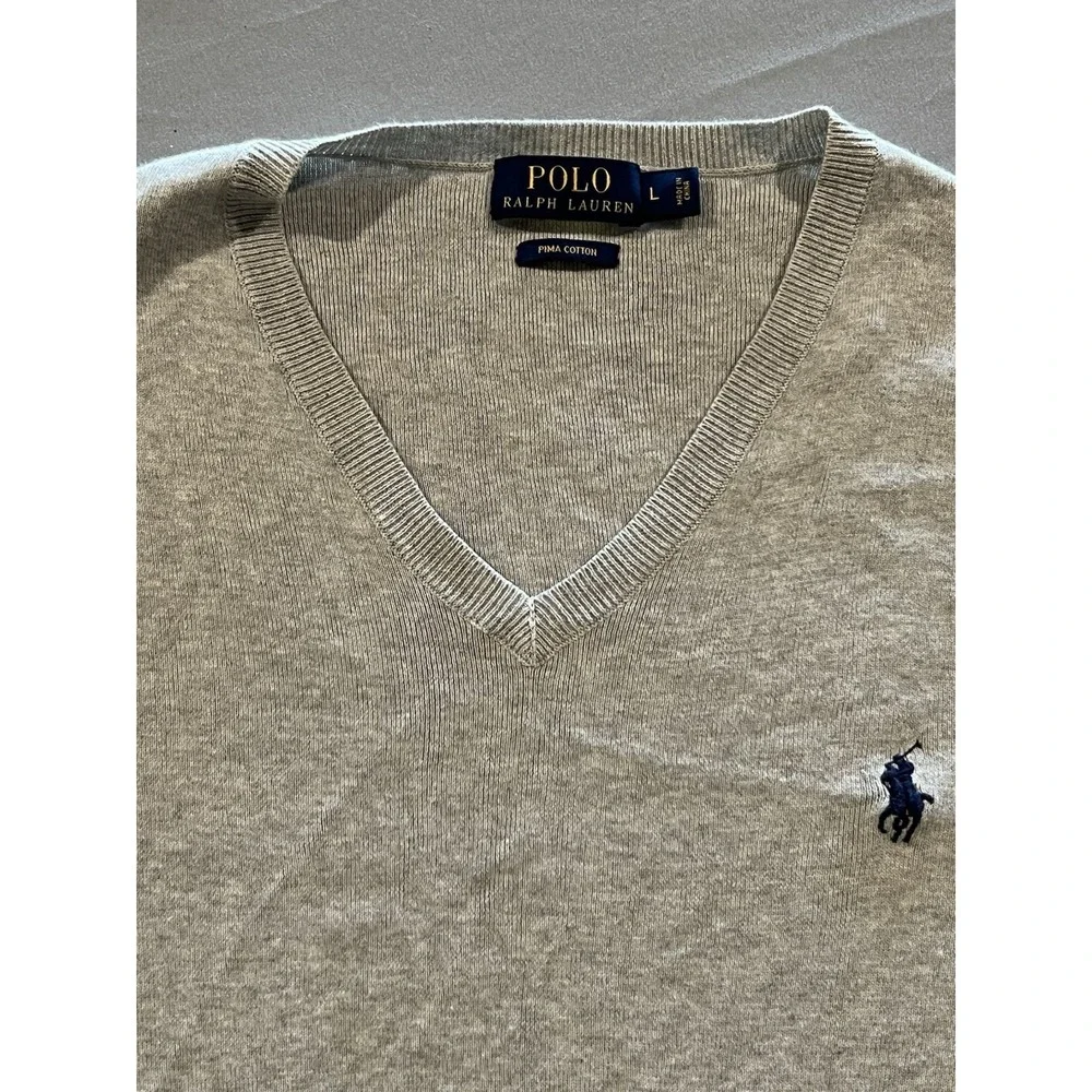Polo Ralph‎ Lauren Sweater Mens Size Large Gray Pima Cotton Pullover V Neck Golf